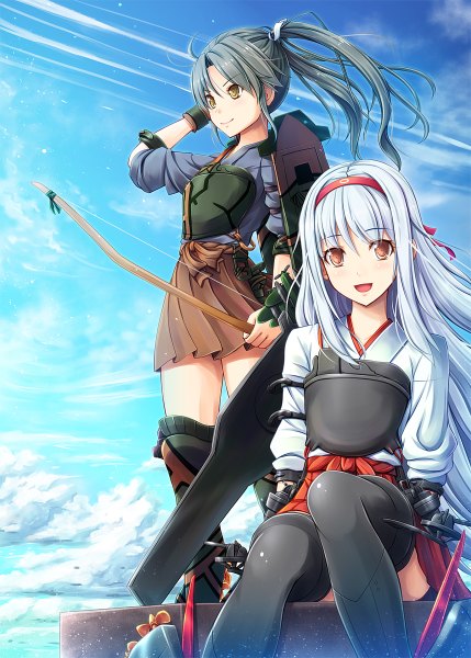 Anime picture 858x1200 with kantai collection shoukaku aircraft carrier zuikaku aircraft carrier akashio (loli ace) long hair tall image open mouth black hair sitting multiple girls brown eyes sky cloud (clouds) white hair girl skirt weapon 2 girls hairband armor