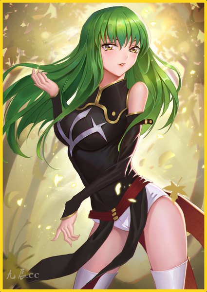 Anime picture 1360x1920 with code geass sunrise (studio) c.c. jiuchen cc single long hair tall image looking at viewer blush fringe breasts smile hair between eyes large breasts standing bare shoulders signed yellow eyes payot outdoors