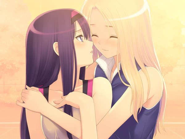 Anime picture 1024x768 with fault!! date wingfield reiko kamiwazumi maya tony taka long hair blush open mouth blonde hair smile purple eyes bare shoulders multiple girls game cg purple hair eyes closed hand on chest shoujo ai girl 2 girls hairband