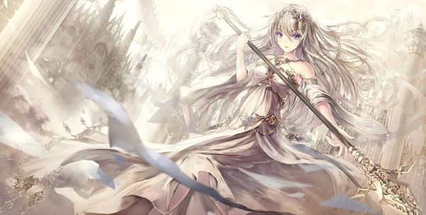 Anime picture 2112x1070 with original missle228 single long hair looking at viewer blush fringe highres open mouth blue eyes hair between eyes wide image standing holding cleavage silver hair outdoors arm up wind off shoulder