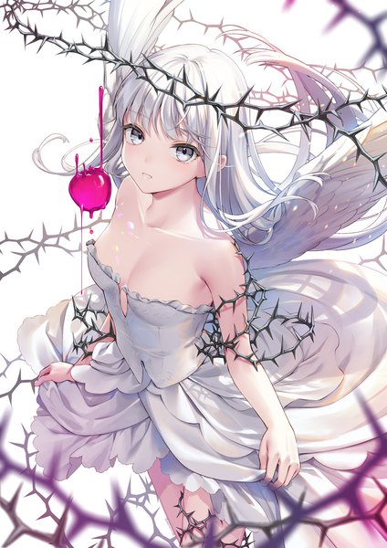 Anime picture 1000x1414 with original geroro single long hair tall image looking at viewer fringe breasts light erotic simple background white background white hair blunt bangs parted lips from above blurry silver eyes white wings girl dress