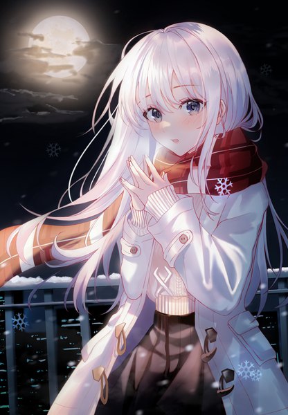 Anime picture 2519x3636 with original choc single long hair tall image looking at viewer blush fringe highres open mouth blue eyes hair between eyes standing cloud (clouds) outdoors white hair long sleeves wind night open clothes