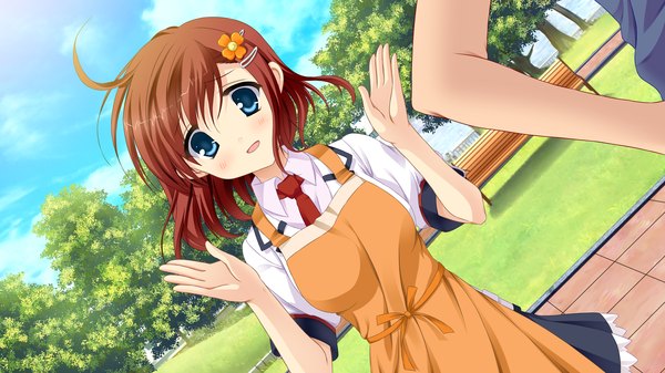 Anime picture 2048x1152 with namima no kuni no faust highres short hair blue eyes wide image game cg red hair girl uniform hair ornament school uniform hairclip apron