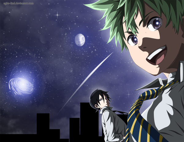 Anime picture 1000x773 with st&rs (manga) maho shirafune wataru amachi aagito short hair open mouth black hair smile purple eyes cloud (clouds) looking back green hair black eyes night sky coloring city boy shirt necktie star (stars)