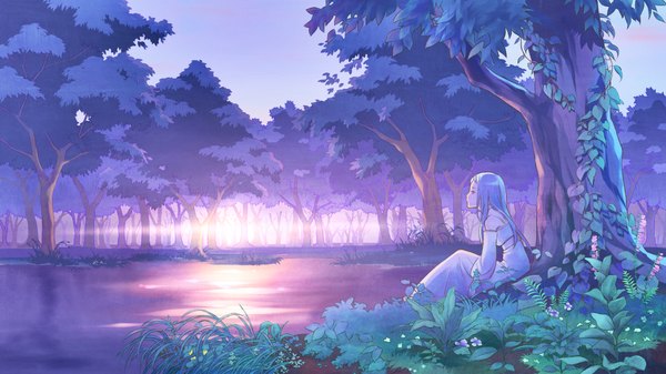 Anime picture 1100x619 with original peso single long hair blue eyes wide image sitting blue hair evening sunset morning sunrise girl dress flower (flowers) plant (plants) tree (trees) water pond