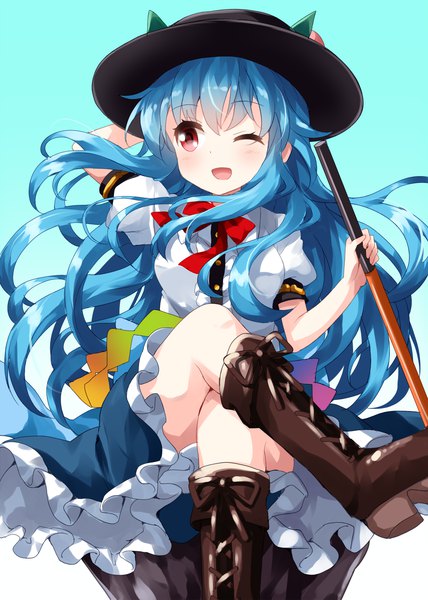 Anime picture 1000x1400 with touhou hinanawi tenshi ruu (tksymkw) single long hair tall image blush open mouth simple background red eyes sitting blue hair looking away one eye closed wink puffy sleeves crossed legs gradient background arm behind head ;d