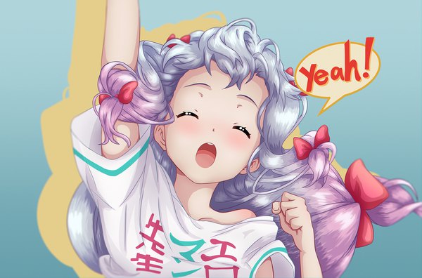 Anime-Bild 2000x1320 mit eromanga sensei a-1 pictures izumi sagiri kiaou single long hair fringe highres open mouth simple background silver hair upper body eyes closed arm up blurry off shoulder shadow text floating hair blue background