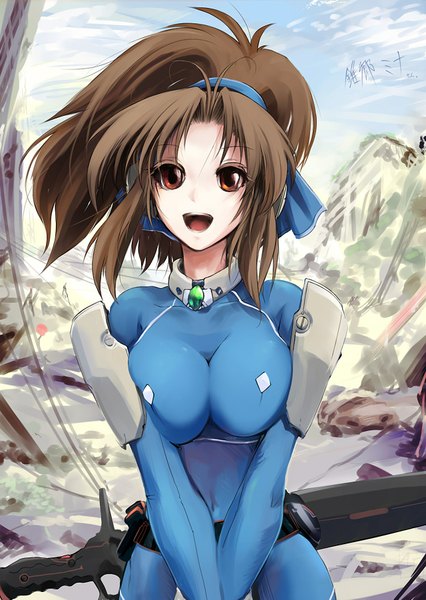 Anime picture 1280x1803 with original alf874 single long hair tall image open mouth brown hair standing brown eyes girl ribbon (ribbons) weapon hair ribbon sword bodysuit