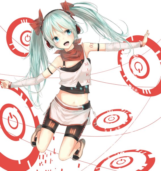 Anime picture 2081x2200 with vocaloid hatsune miku cola miku la-na single tall image highres open mouth twintails very long hair aqua eyes aqua hair midriff spread arms girl navel bow hair bow headphones
