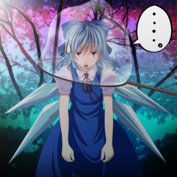 Anime picture 1500x1500 with touhou cirno s-syogo short hair open mouth blue eyes blue hair girl dress bow plant (plants) hair bow wings tree (trees) speech bubble