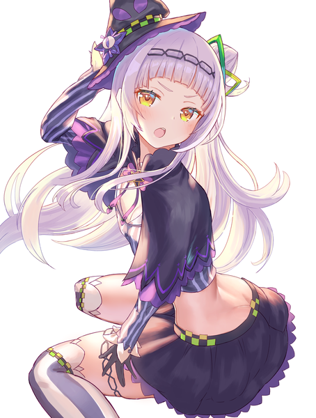 Anime picture 2718x3590 with virtual youtuber hololive murasaki shion murasaki shion (1st costume) hayataku1234 single long hair tall image looking at viewer blush fringe highres open mouth simple background white background sitting yellow eyes silver hair blunt bangs midriff