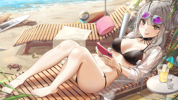 Anime-Bild 3000x1688 mit original wet.elephant single long hair looking at viewer blush fringe highres breasts light erotic wide image large breasts holding yellow eyes cleavage bent knee (knees) outdoors barefoot from above pointy ears