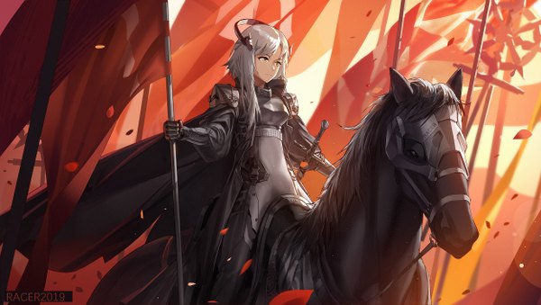 Anime picture 2500x1415 with original racer fringe highres wide image holding brown eyes signed looking away grey hair dated riding girl weapon animal petals sword armor flag horse