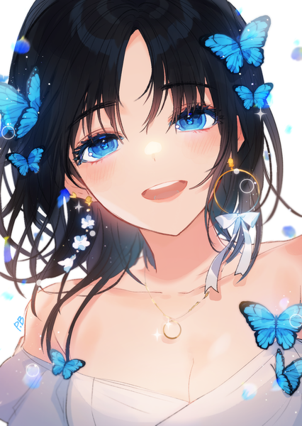 Anime picture 1240x1748 with original panprika single long hair tall image looking at viewer blush fringe breasts open mouth blue eyes black hair simple background smile white background bare shoulders cleavage upper body :d girl