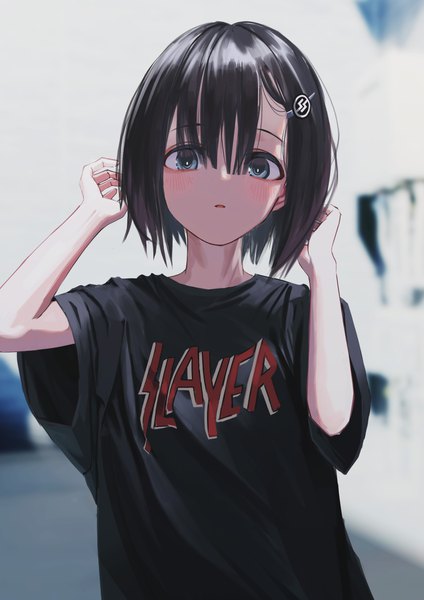 Anime picture 1848x2616 with original slayer (band) nadegata single tall image looking at viewer highres short hair blue eyes black hair parted lips blurry arms up short sleeves depth of field revision bob cut girl hairclip t-shirt