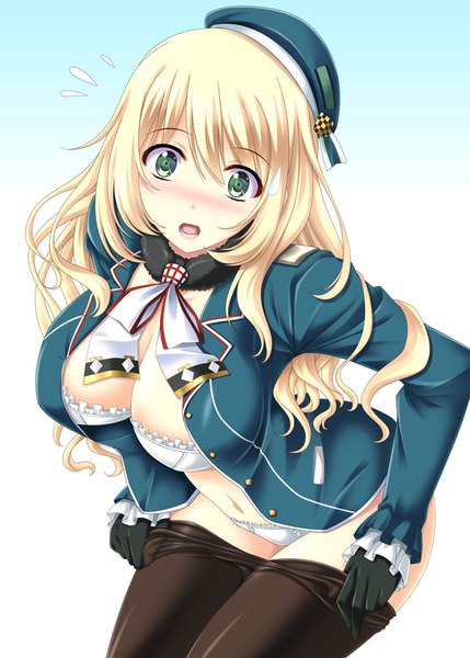 Anime picture 648x906 with kantai collection atago heavy cruiser akino shin single long hair tall image looking at viewer blush fringe breasts open mouth light erotic blonde hair hair between eyes large breasts standing white background long sleeves open jacket leaning