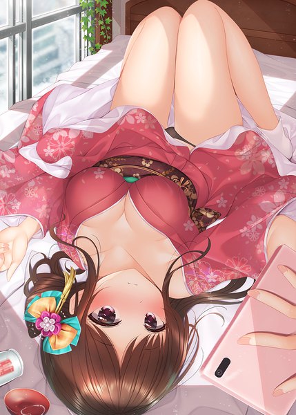 Anime picture 858x1200 with original minato (ojitan gozaru) single long hair tall image blush fringe breasts light erotic brown hair large breasts holding looking away cleavage bent knee (knees) indoors lying long sleeves traditional clothes japanese clothes