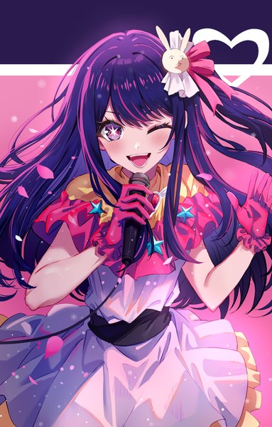 Anime picture 2616x4093 with oshi no ko hoshino ai (oshi no ko) alaya0130 single long hair tall image looking at viewer blush highres open mouth purple eyes purple hair one eye closed wink one side up symbol-shaped pupils ;d girl dress gloves