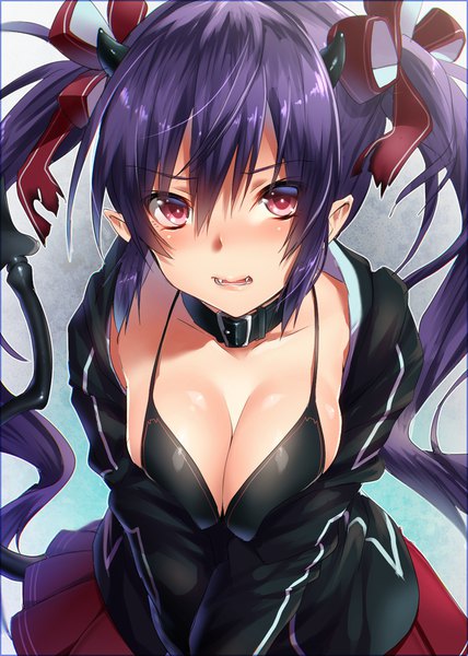 Anime picture 700x980 with original keita (tundereyuina) single long hair tall image looking at viewer blush fringe breasts open mouth light erotic hair between eyes red eyes large breasts twintails purple hair pleated skirt horn (horns) pointy ears fang (fangs)