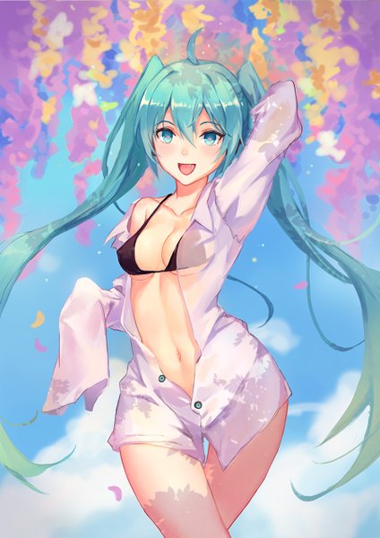 Anime picture 900x1273 with vocaloid hatsune miku atdan single tall image looking at viewer breasts open mouth light erotic twintails very long hair aqua eyes aqua hair open shirt girl navel swimsuit bikini shirt petals