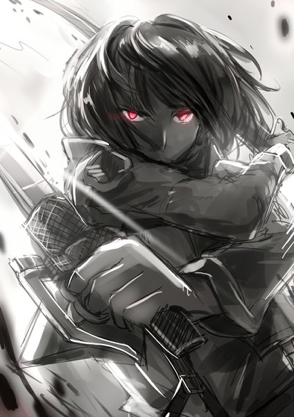 Anime picture 800x1131 with shingeki no kyojin production i.g mikasa ackerman mimi n (futarinokizuna) single tall image looking at viewer fringe short hair simple background white background holding glowing monochrome glowing eye (eyes) serious dual wielding spot color girl weapon