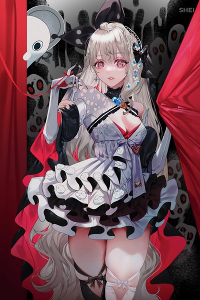 Anime picture 1667x2500 with virtual youtuber nijisanji nijisanji en reimu endou shei99 single tall image looking at viewer fringe breasts light erotic hair between eyes red eyes standing signed cleavage silver hair very long hair nail polish parted lips