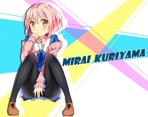 Anime picture 3622x2862 with kyoukai no kanata kyoto animation kuriyama mirai gendo0032 single blush highres short hair light erotic smile yellow eyes pink hair absurdres inscription character names eyewear removed girl uniform school uniform pantyhose