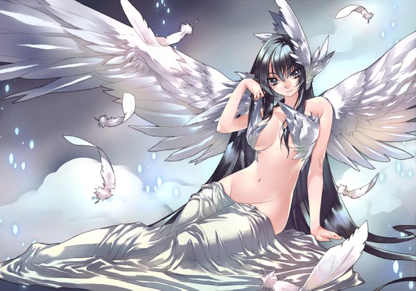 Anime picture 1400x979 with original kousaki rui single long hair light erotic black hair smile sitting black eyes groin angel wings girl feather (feathers)