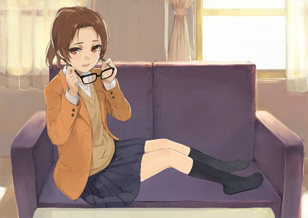 Anime picture 1169x827 with original kuroko (piii) single looking at viewer blush open mouth brown hair sitting brown eyes ponytail girl uniform school uniform socks glasses window black socks curtains couch