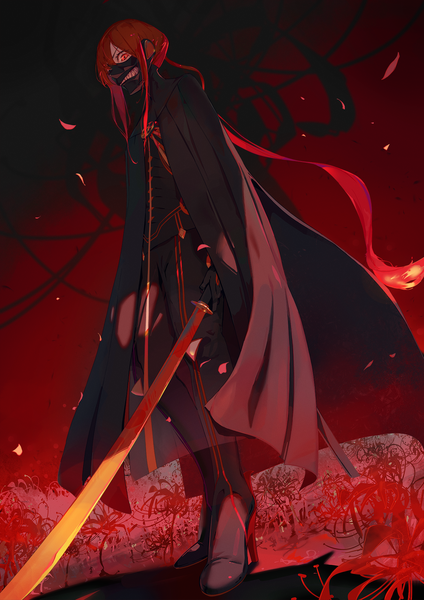 Anime picture 1343x1900 with fate (series) fate/grand order oda nobukatsu (fate) kodamazon single tall image red eyes standing full body red hair very long hair teeth from below high heels low ponytail boy flower (flowers) weapon sword katana