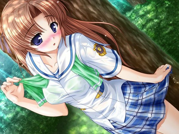 Anime picture 800x600 with yoake mae yori ruri iro na august soft takamizawa natsuki bekkankou single long hair looking at viewer blush fringe open mouth brown hair purple eyes game cg from above plaid skirt wet clothes girl skirt uniform plant (plants)