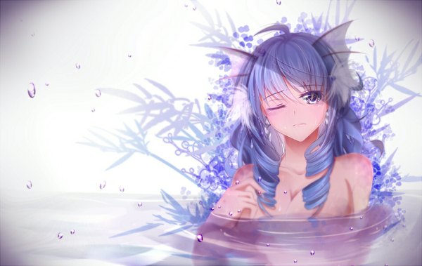 Anime picture 948x600 with touhou wakasagihime doc.lnn single long hair blush breasts light erotic purple eyes bare shoulders blue hair looking away ahoge one eye closed lips partially submerged drill hair reflection frown girl