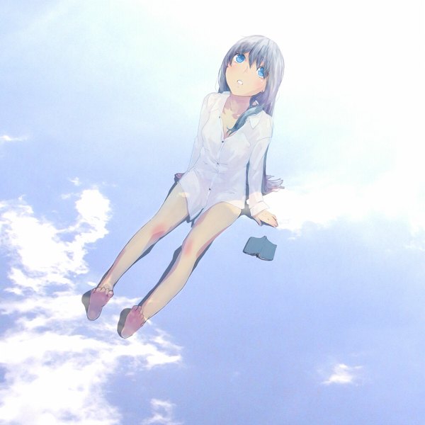 Anime picture 998x998 with original nimirom single long hair open mouth blue eyes sitting blue hair looking away sky cloud (clouds) barefoot sunlight bare legs no shoes reflection looking up naked shirt girl shirt