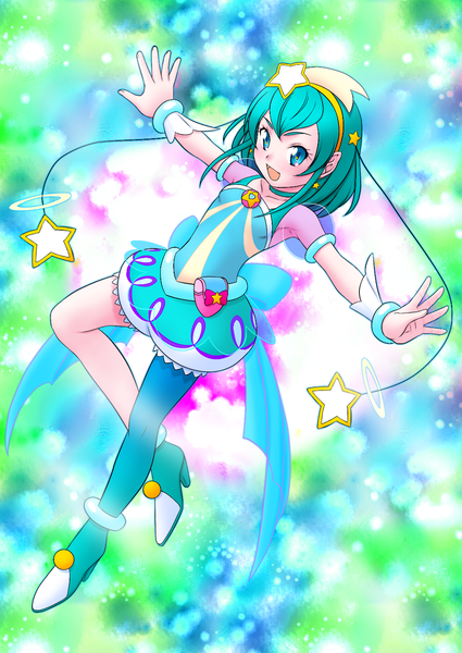 Anime picture 1075x1518 with precure star twinkle precure toei animation hagoromo lala cure milky dany single tall image looking at viewer fringe short hair open mouth blue eyes simple background smile payot full body :d aqua hair short sleeves