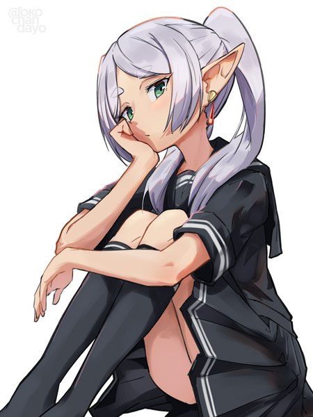 Anime-Bild 2400x3200 mit sousou no frieren frieren rokochan single long hair tall image looking at viewer highres light erotic simple background white background sitting twintails green eyes silver hair pointy ears eyebrows elf head rest girl