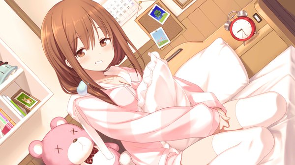 Anime picture 3840x2160 with soine furendo ga te koki furendo ni naru made hiraga matsuri single long hair looking at viewer blush highres breasts open mouth smile brown hair wide image sitting brown eyes absurdres game cg dutch angle wariza pillow hug girl