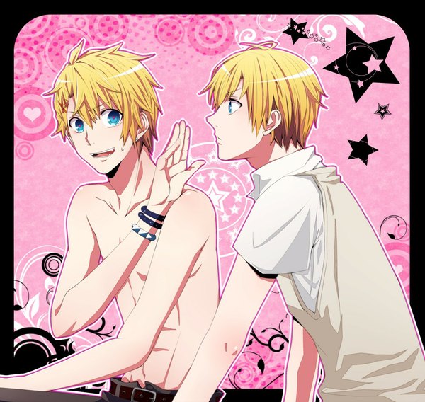 Anime picture 1000x947 with uta no prince-sama a-1 pictures kurusu shou kurusu kaoru blue eyes blonde hair bare shoulders profile aqua eyes nude from behind multiple boys bare belly short sleeves embarrassed pink background framed siblings twins brothers