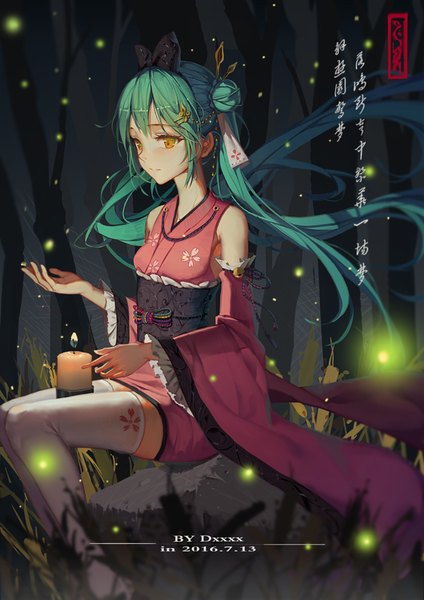 Anime picture 620x877 with vocaloid hatsune miku soulkiller (brz) single long hair tall image blush fringe hair between eyes sitting twintails signed yellow eyes bent knee (knees) traditional clothes japanese clothes wind night wide sleeves hair bun (hair buns)