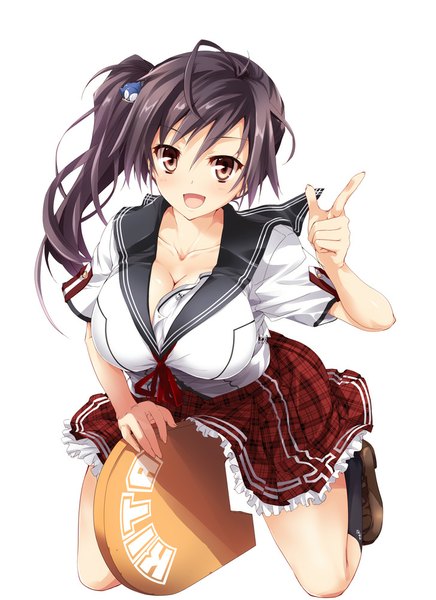 Anime picture 728x1000 with original matsuno canel single long hair tall image looking at viewer blush breasts open mouth black hair simple background large breasts white background brown eyes ponytail side ponytail girl skirt uniform school uniform