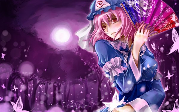 Anime picture 1280x800 with touhou saigyouji yuyuko sinzire (artist) single short hair red eyes wide image pink hair night wallpaper girl dress plant (plants) tree (trees) insect butterfly full moon fan forest cap