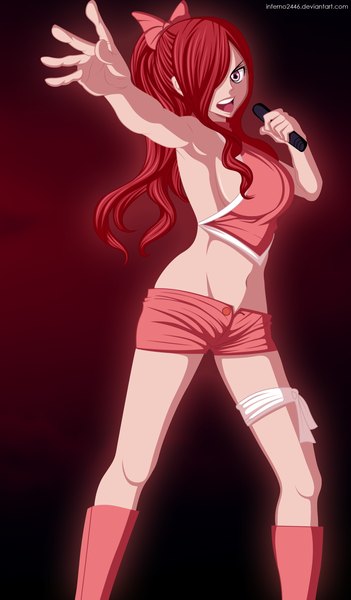 Anime picture 2144x3664 with fairy tail erza scarlet inferno2446 single long hair tall image fringe highres open mouth light erotic ponytail red hair pink eyes hair over one eye armpit (armpits) midriff coloring singing girl navel