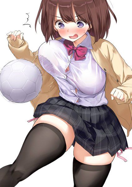 Anime-Bild 650x918 mit original kaisen chuui single tall image blush fringe short hair breasts open mouth light erotic simple background hair between eyes brown hair large breasts standing white background purple eyes pleated skirt embarrassed zettai ryouiki