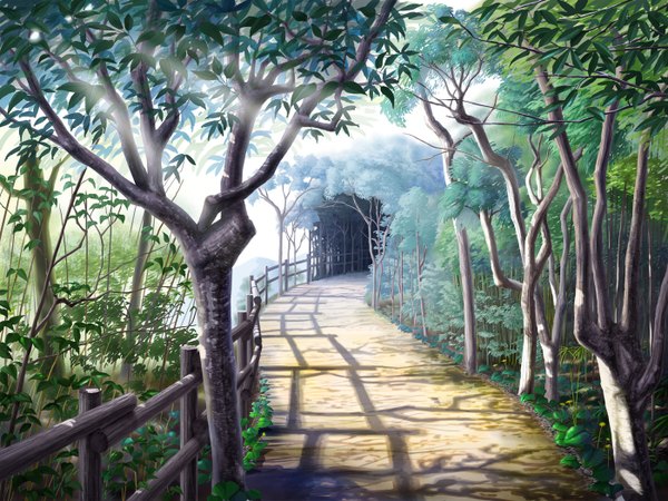 Anime picture 1400x1050 with original kuraimutaimu shadow landscape river nature flower (flowers) plant (plants) tree (trees) road