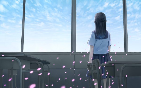 Anime picture 1600x1000 with original utakata (s sw) single long hair black hair sky cloud (clouds) indoors pleated skirt from behind short sleeves classroom girl skirt uniform petals serafuku