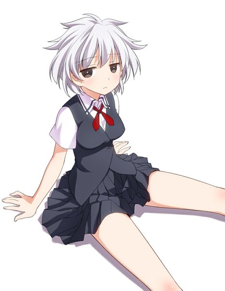 Anime picture 661x853 with saki kosegawa shiromi umekichi single tall image looking at viewer fringe short hair simple background white background sitting brown eyes pleated skirt grey hair girl skirt uniform school uniform