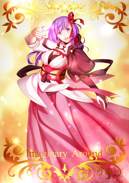 Anime picture 1000x1411 with fate (series) fate/stay night type-moon matou sakura arkray single long hair tall image looking at viewer open mouth purple eyes purple hair girl dress ribbon (ribbons) hair ribbon
