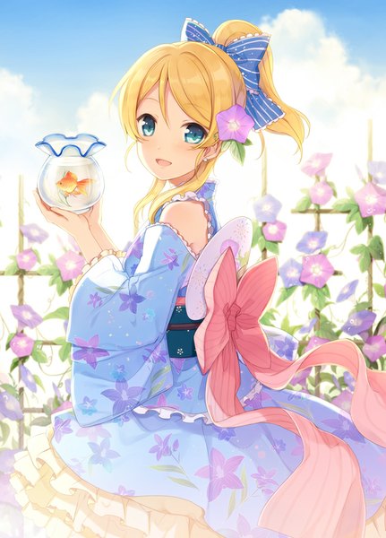 Anime picture 620x863 with love live! school idol project sunrise (studio) love live! ayase eli 6u (eternal land) single long hair tall image looking at viewer open mouth blue eyes blonde hair ponytail traditional clothes japanese clothes girl flower (flowers) bow hair bow animal