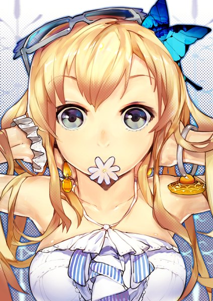 Anime picture 1000x1414 with boku wa tomodachi ga sukunai kashiwazaki sena el-zheng single long hair tall image looking at viewer fringe open mouth blonde hair bare shoulders multicolored eyes girl hair ornament flower (flowers) earrings glasses bracelet insect butterfly