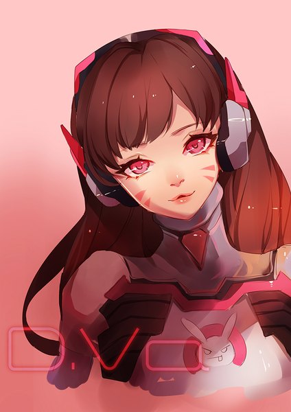 Anime picture 707x1000 with overwatch blizzard entertainment d.va (overwatch) s.a neko single long hair tall image looking at viewer fringe simple background brown hair upper body parted lips pink eyes lips character names gradient background facial mark pink background whisker markings