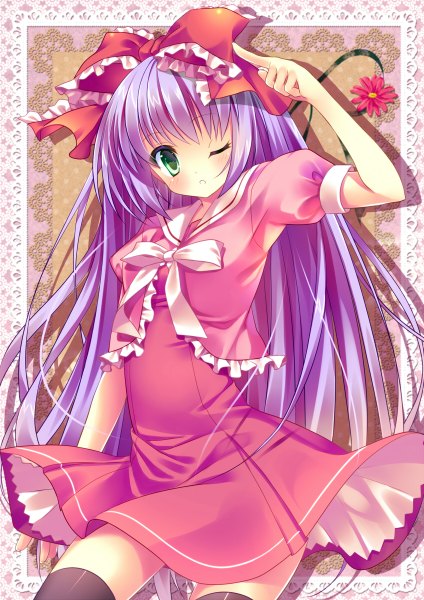 Anime picture 848x1200 with original nametakenoko single long hair tall image blue eyes purple hair one eye closed wink girl thighhighs dress bow black thighhighs hair bow